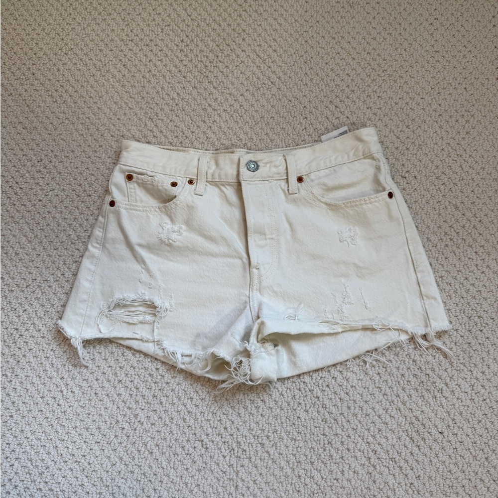 High-Rise Distressed White Denim Shorts